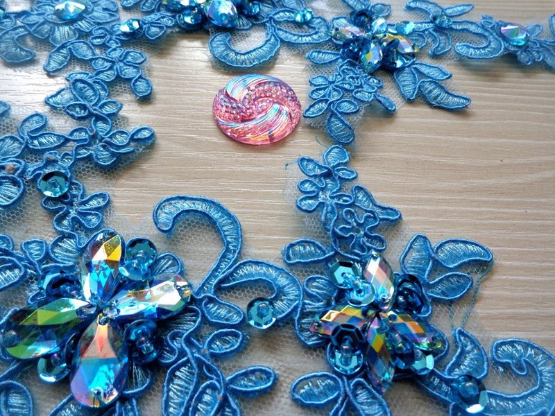 Zbroh Handmade Sequins Rhinestones Patches Sew on Light Blue Colour Lace Applique Delicate Embroidered 23X10cm for Dress - Image 4